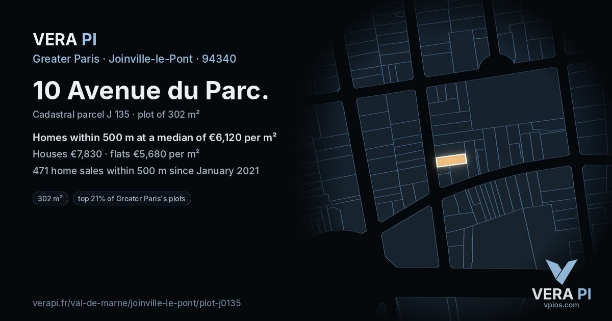 10 Avenue du Parc, Joinville-le-Pont at night – the plot lit, the parcels around coloured by the prices near them