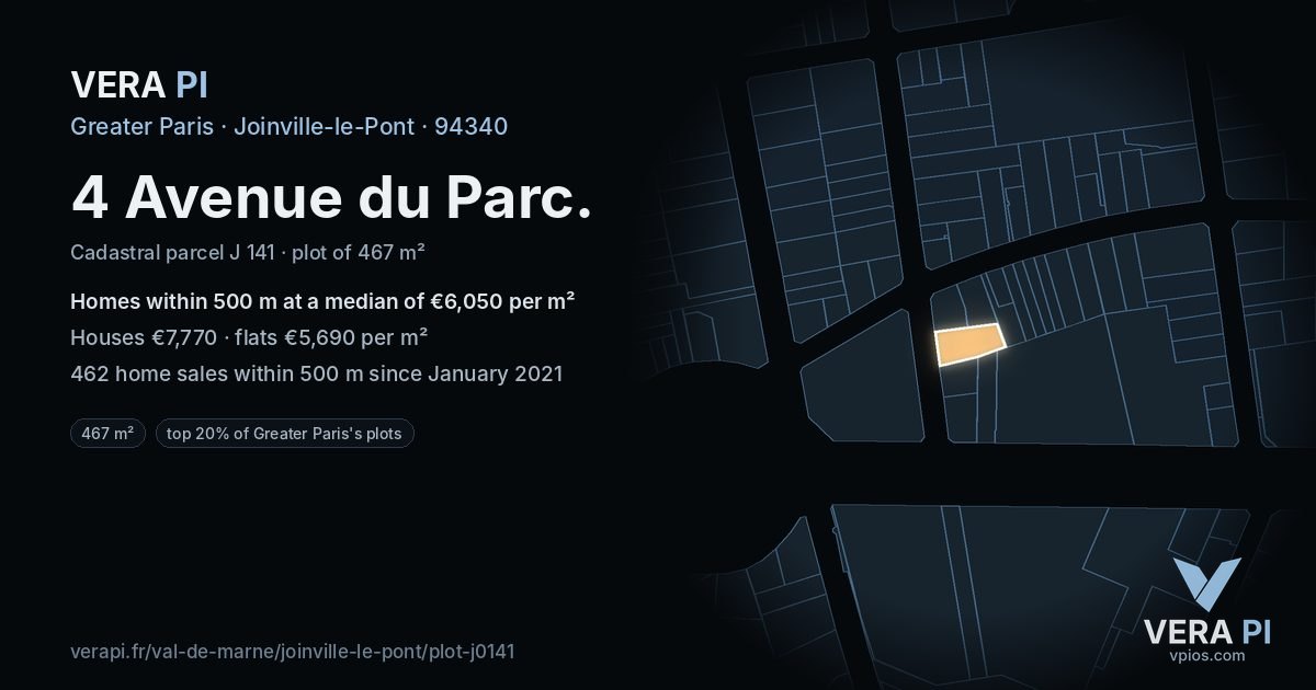 4 Avenue du Parc, Joinville-le-Pont at night – the plot lit, the parcels around coloured by the prices near them