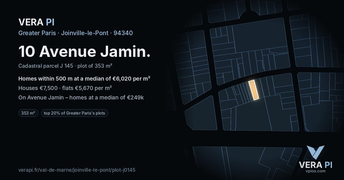 10 Avenue Jamin, Joinville-le-Pont at night – the plot lit, the parcels around coloured by the prices near them