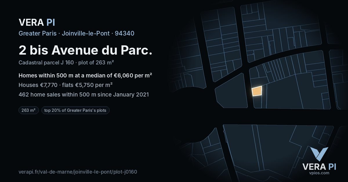 2 bis Avenue du Parc, Joinville-le-Pont at night – the plot lit, the parcels around coloured by the prices near them