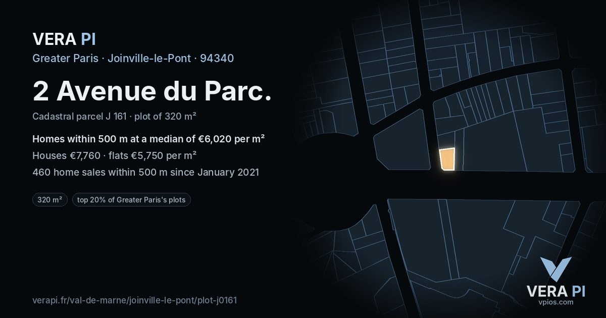 2 Avenue du Parc, Joinville-le-Pont at night – the plot lit, the parcels around coloured by the prices near them