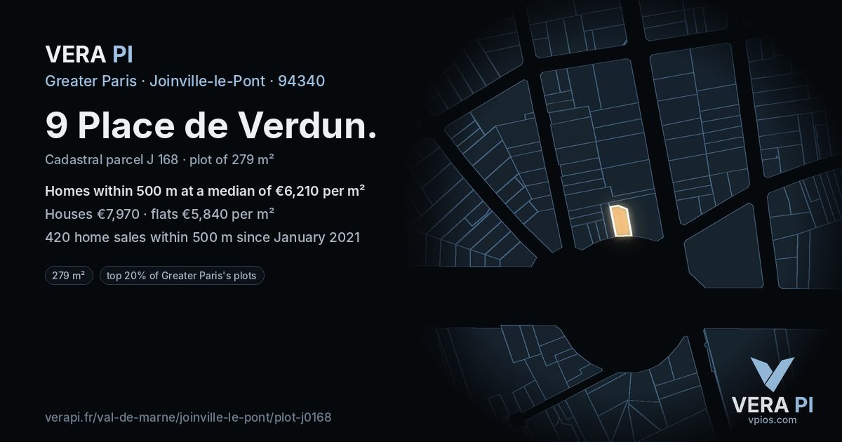 9 Place de Verdun, Joinville-le-Pont at night – the plot lit, the parcels around coloured by the prices near them