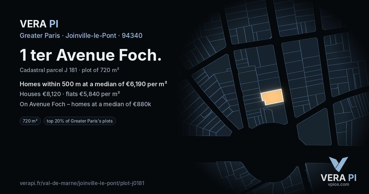 1 ter Avenue Foch, Joinville-le-Pont at night – the plot lit, the parcels around coloured by the prices near them