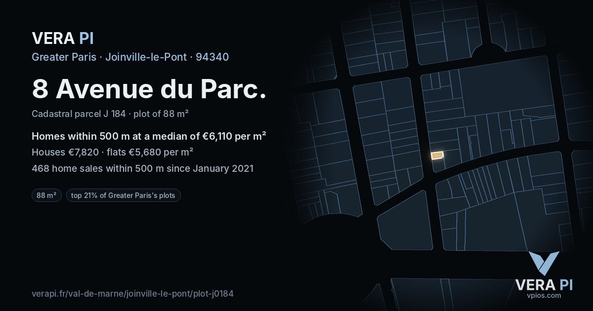 8 Avenue du Parc, Joinville-le-Pont at night – the plot lit, the parcels around coloured by the prices near them