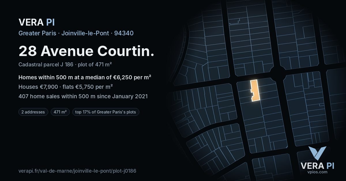 28 Avenue Courtin, Joinville-le-Pont at night – the plot lit, the parcels around coloured by the prices near them