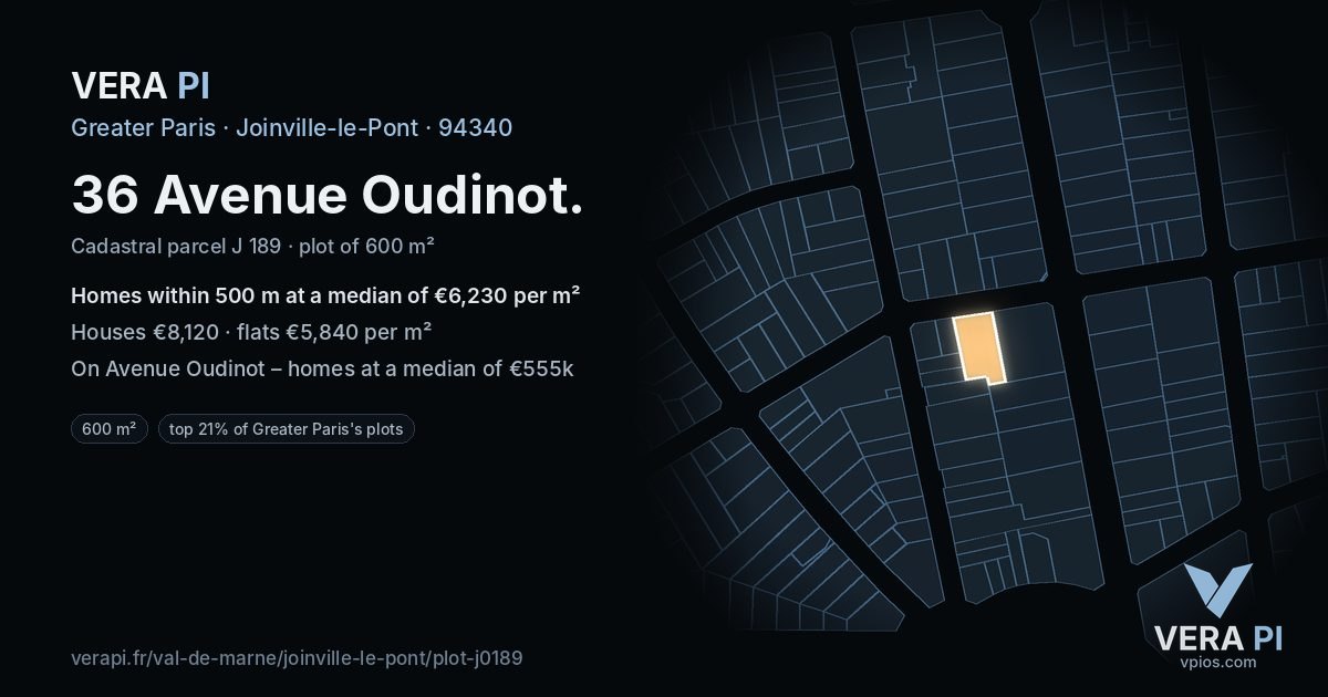 36 Avenue Oudinot, Joinville-le-Pont at night – the plot lit, the parcels around coloured by the prices near them