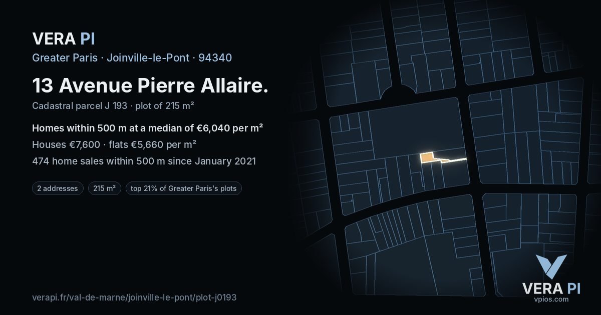 13 Avenue Pierre Allaire, Joinville-le-Pont at night – the plot lit, the parcels around coloured by the prices near them