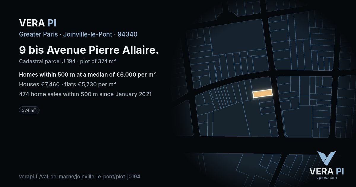 9 bis Avenue Pierre Allaire, Joinville-le-Pont at night – the plot lit, the parcels around coloured by the prices near them