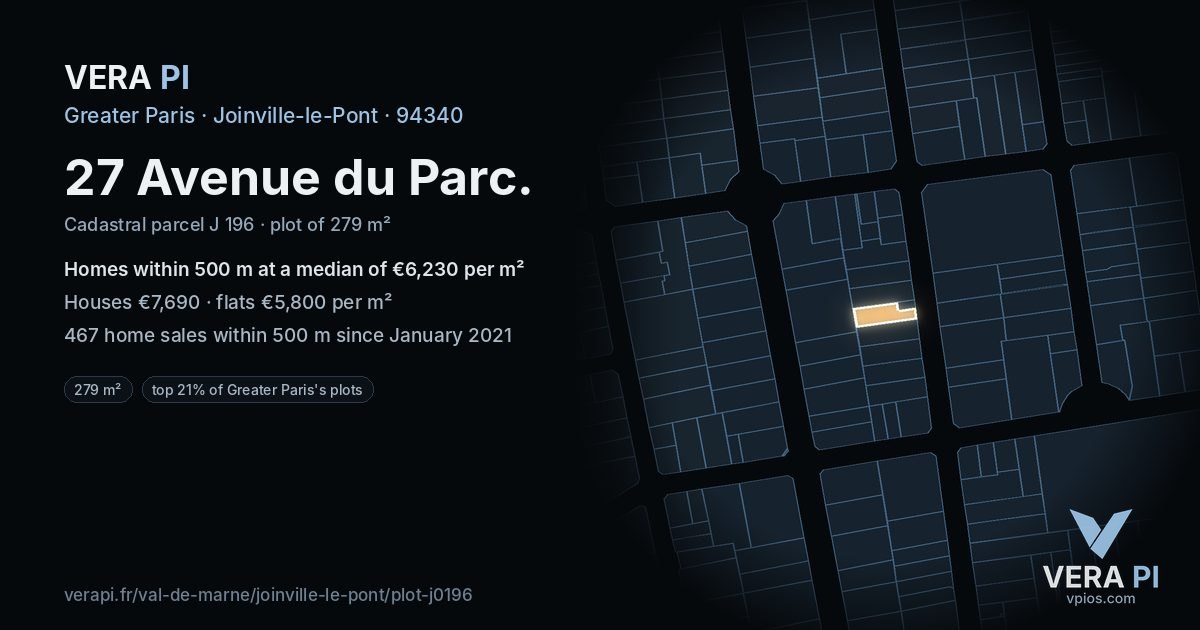 27 Avenue du Parc, Joinville-le-Pont at night – the plot lit, the parcels around coloured by the prices near them