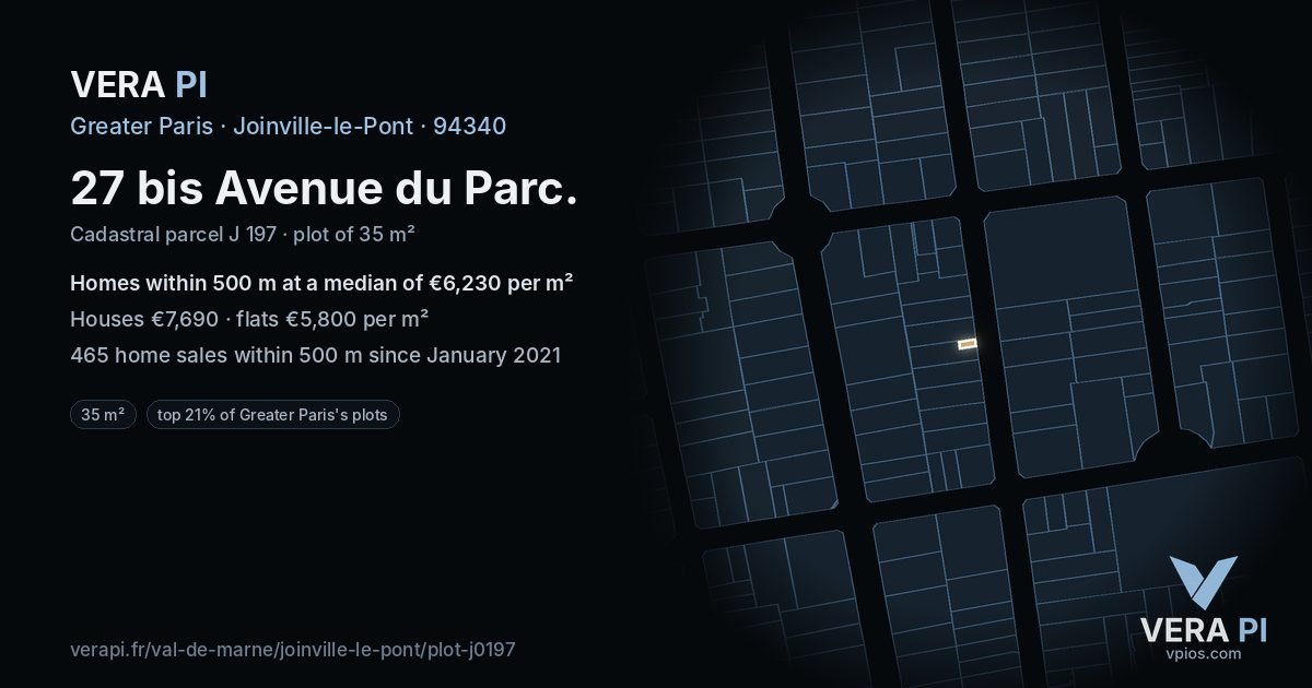 27 bis Avenue du Parc, Joinville-le-Pont at night – the plot lit, the parcels around coloured by the prices near them