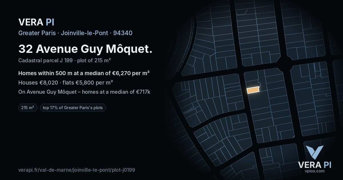 32 Avenue Guy Môquet, Joinville-le-Pont at night – the plot lit, the parcels around coloured by the prices near them