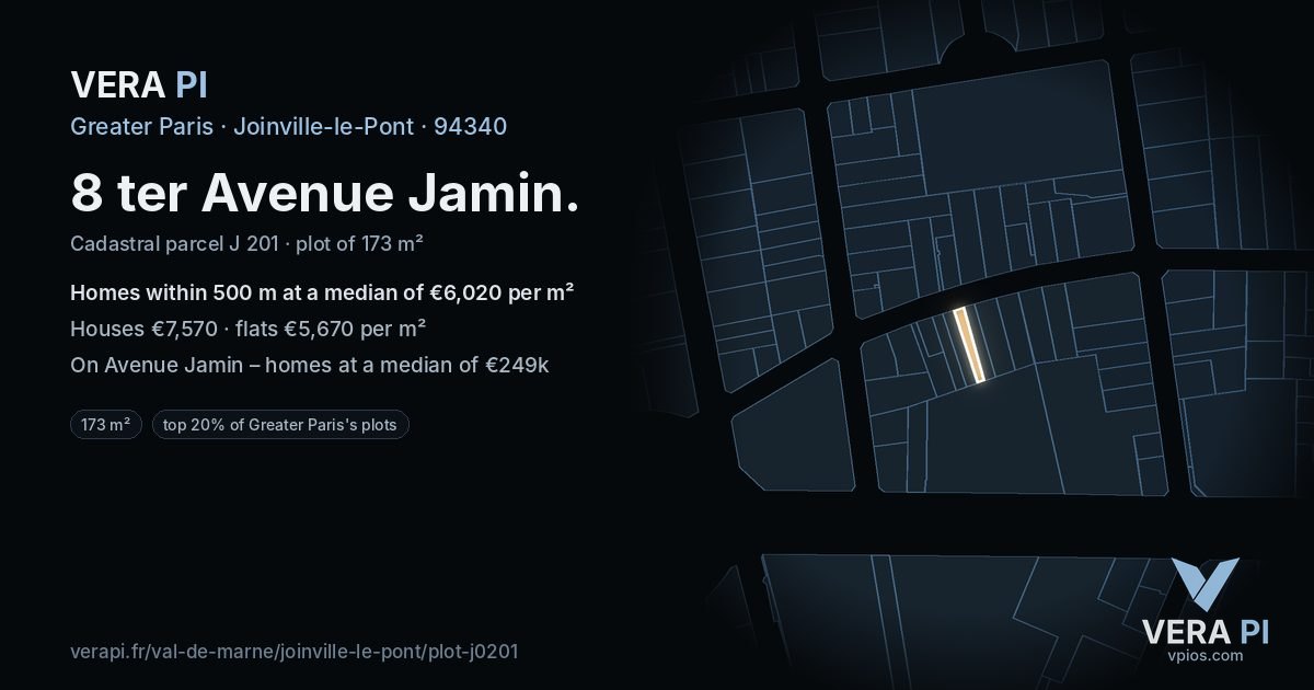 8 ter Avenue Jamin, Joinville-le-Pont at night – the plot lit, the parcels around coloured by the prices near them