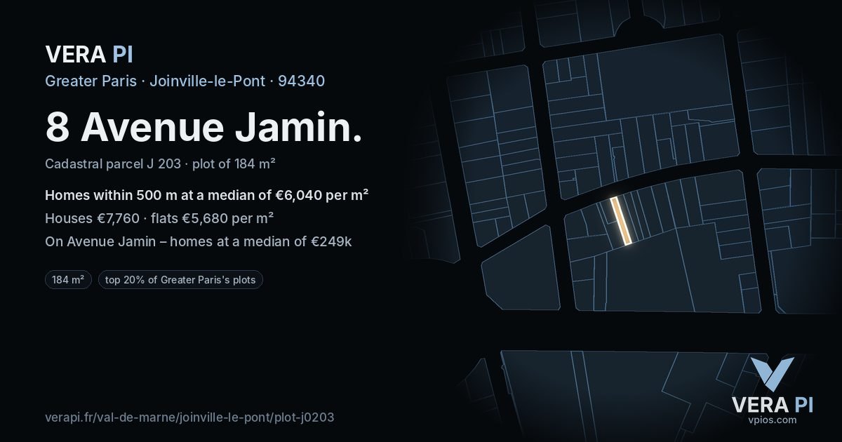 8 Avenue Jamin, Joinville-le-Pont at night – the plot lit, the parcels around coloured by the prices near them