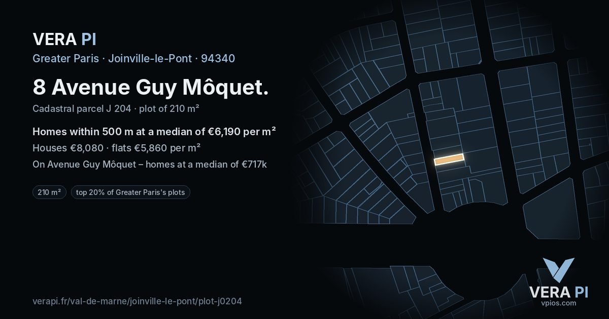 8 Avenue Guy Môquet, Joinville-le-Pont at night – the plot lit, the parcels around coloured by the prices near them