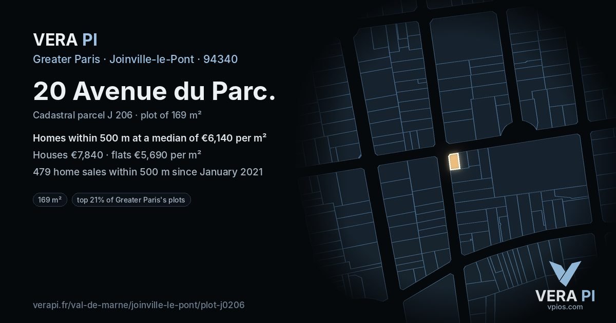 20 Avenue du Parc, Joinville-le-Pont at night – the plot lit, the parcels around coloured by the prices near them