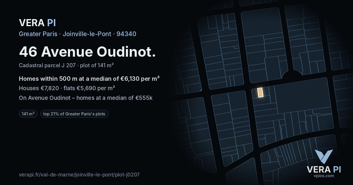 46 Avenue Oudinot, Joinville-le-Pont at night – the plot lit, the parcels around coloured by the prices near them