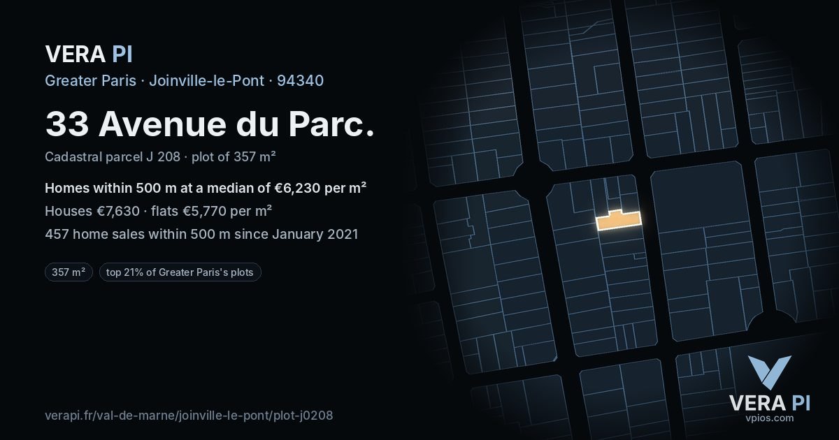 33 Avenue du Parc, Joinville-le-Pont at night – the plot lit, the parcels around coloured by the prices near them