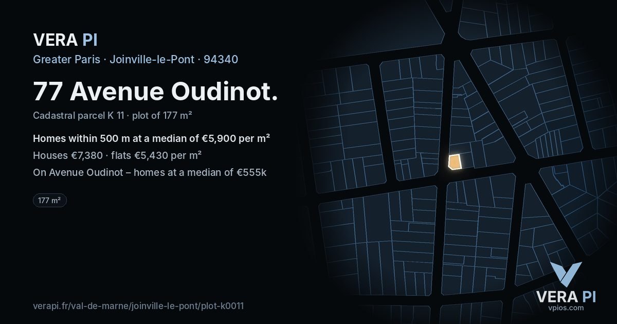 77 Avenue Oudinot, Joinville-le-Pont at night – the plot lit, the parcels around coloured by the prices near them