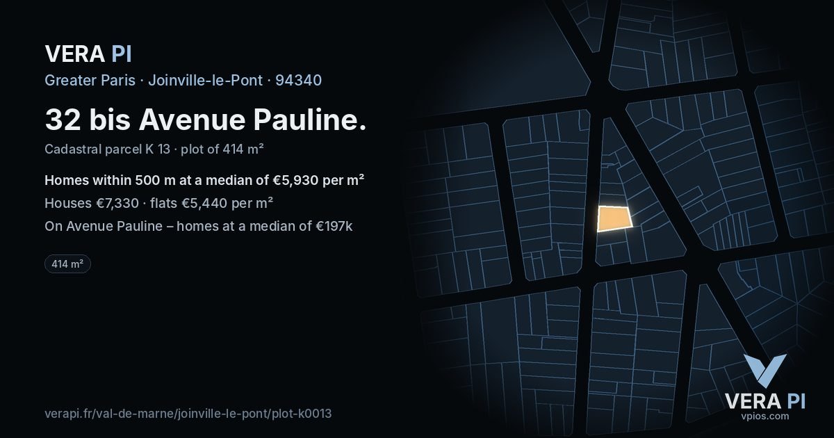 32 bis Avenue Pauline, Joinville-le-Pont at night – the plot lit, the parcels around coloured by the prices near them