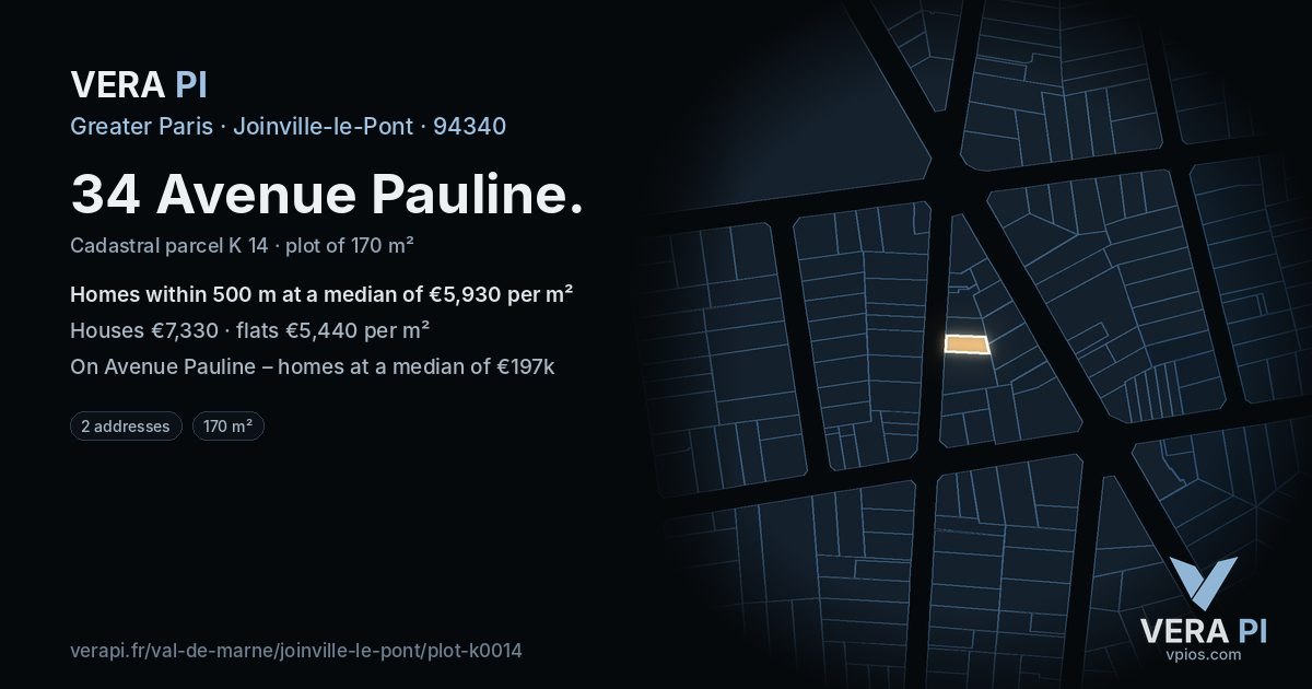 34 Avenue Pauline, Joinville-le-Pont at night – the plot lit, the parcels around coloured by the prices near them