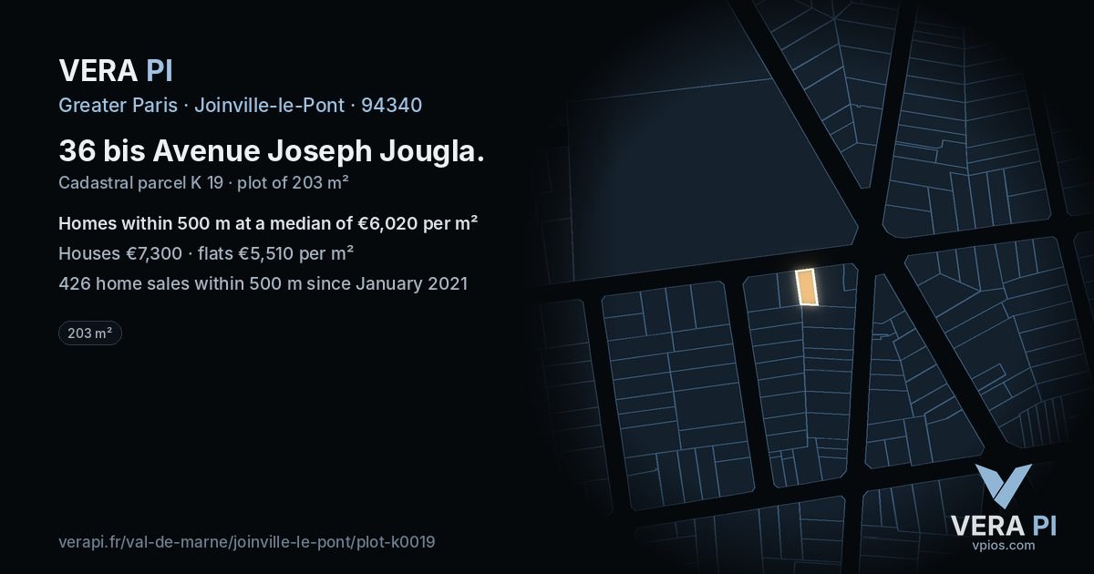 36 bis Avenue Joseph Jougla, Joinville-le-Pont at night – the plot lit, the parcels around coloured by the prices near them