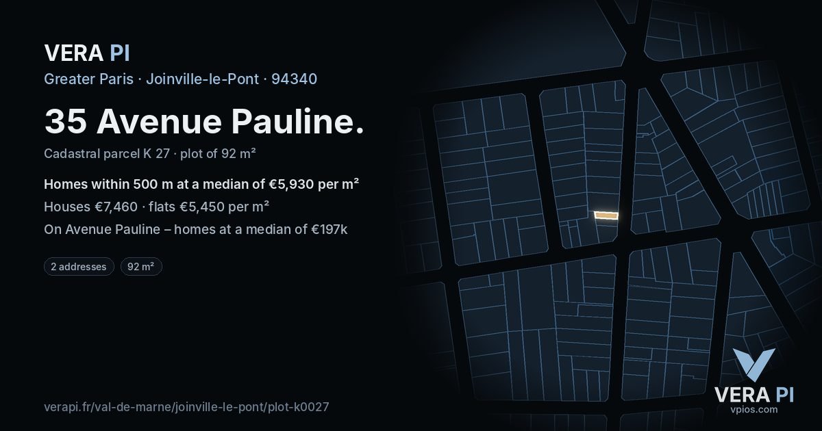 35 Avenue Pauline, Joinville-le-Pont at night – the plot lit, the parcels around coloured by the prices near them