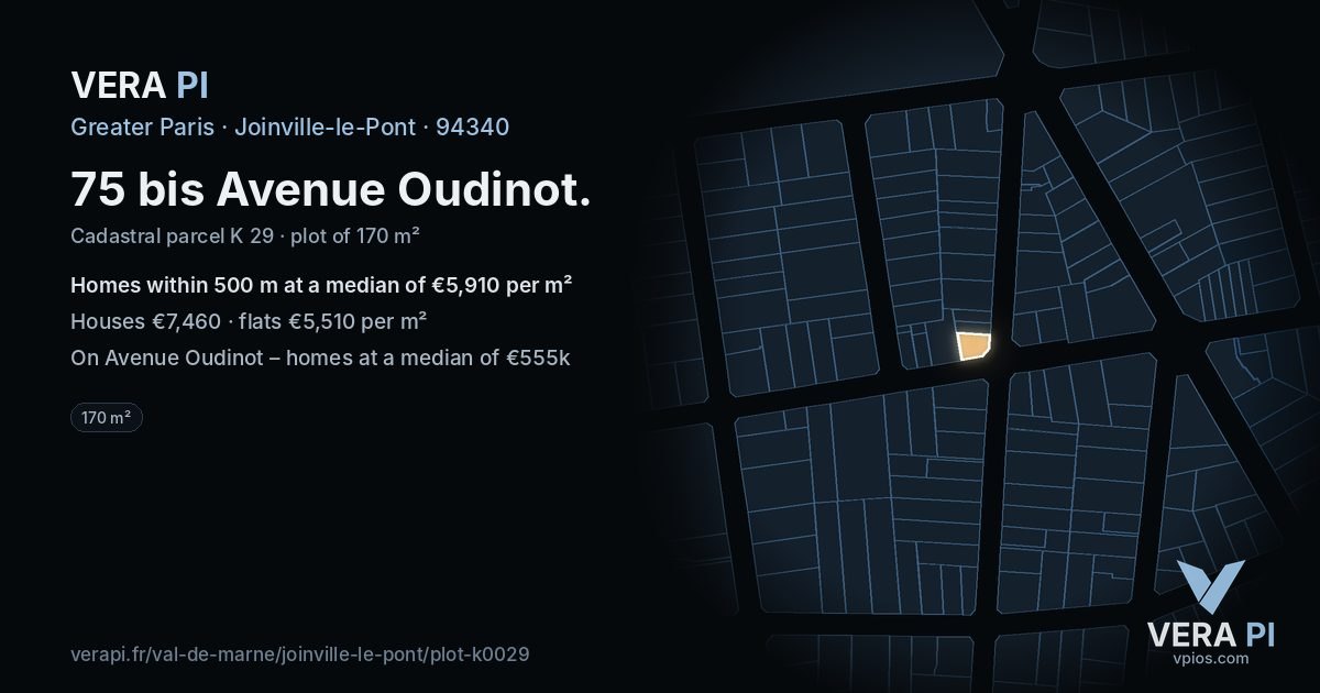 75 bis Avenue Oudinot, Joinville-le-Pont at night – the plot lit, the parcels around coloured by the prices near them
