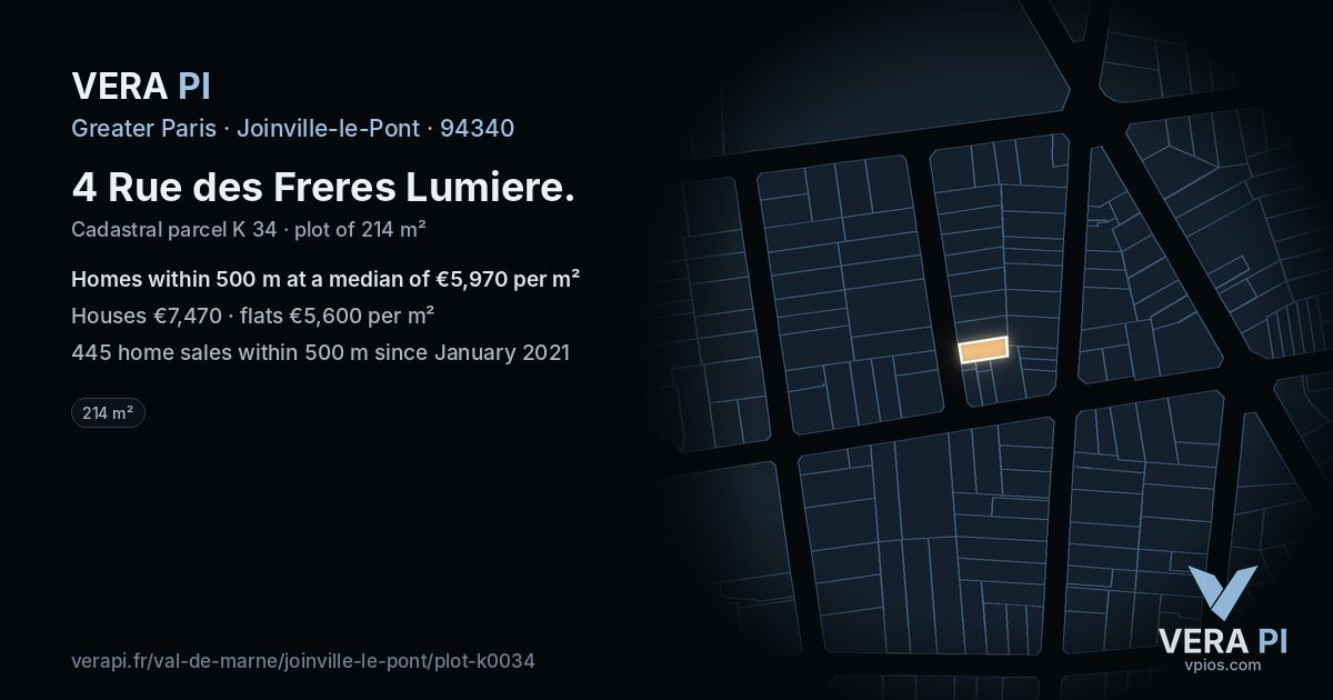 4 Rue des Freres Lumiere, Joinville-le-Pont at night – the plot lit, the parcels around coloured by the prices near them