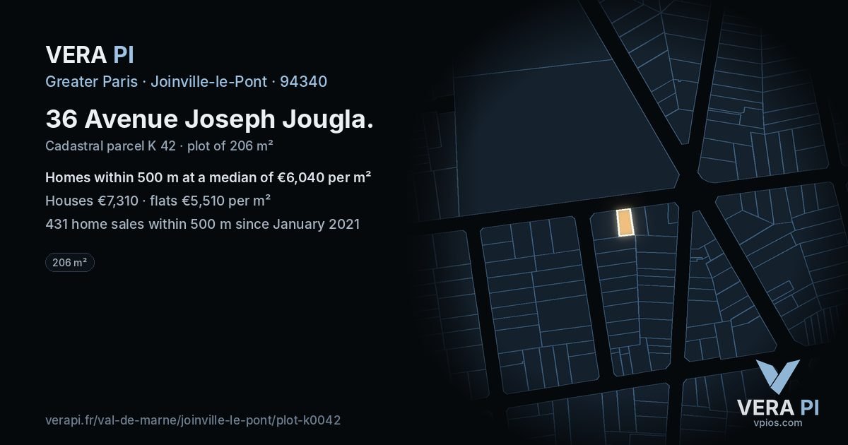 36 Avenue Joseph Jougla, Joinville-le-Pont at night – the plot lit, the parcels around coloured by the prices near them