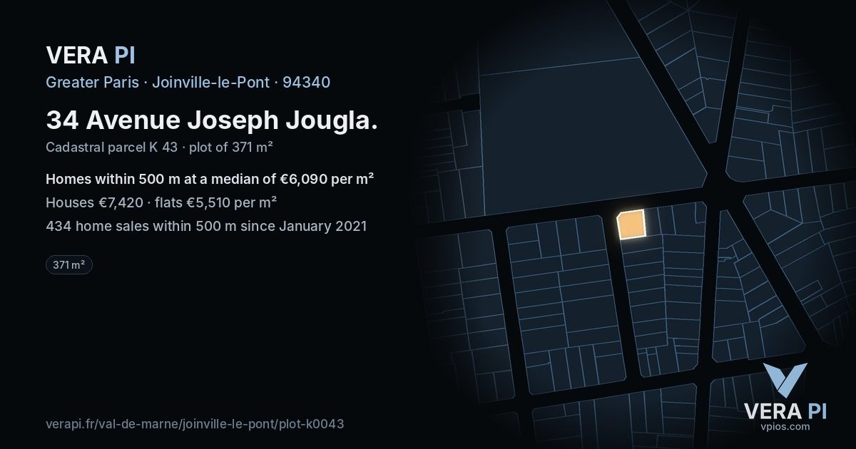 34 Avenue Joseph Jougla, Joinville-le-Pont at night – the plot lit, the parcels around coloured by the prices near them