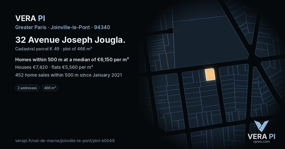 32 Avenue Joseph Jougla, Joinville-le-Pont at night – the plot lit, the parcels around coloured by the prices near them