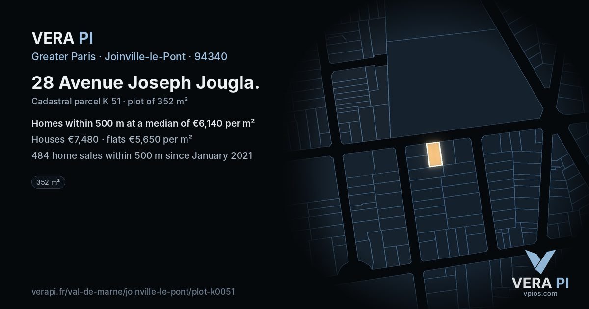 28 Avenue Joseph Jougla, Joinville-le-Pont at night – the plot lit, the parcels around coloured by the prices near them
