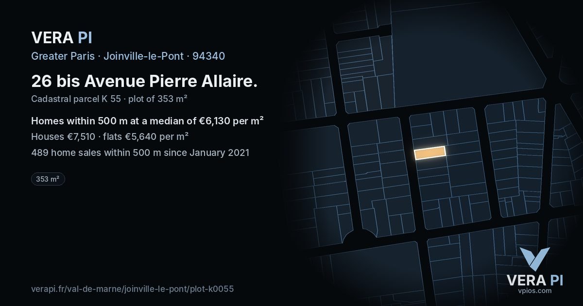 26 bis Avenue Pierre Allaire, Joinville-le-Pont at night – the plot lit, the parcels around coloured by the prices near them