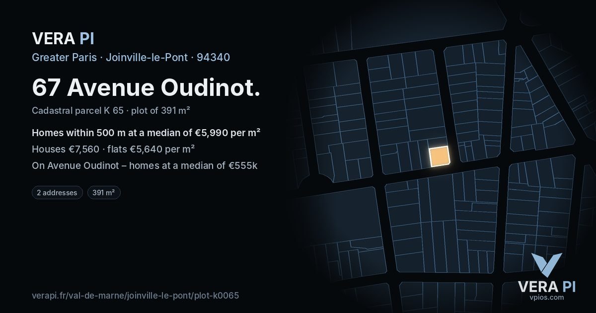 67 Avenue Oudinot, Joinville-le-Pont at night – the plot lit, the parcels around coloured by the prices near them