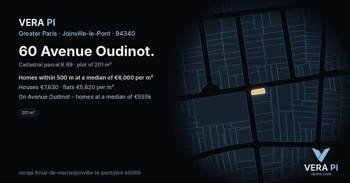 60 Avenue Oudinot, Joinville-le-Pont at night – the plot lit, the parcels around coloured by the prices near them