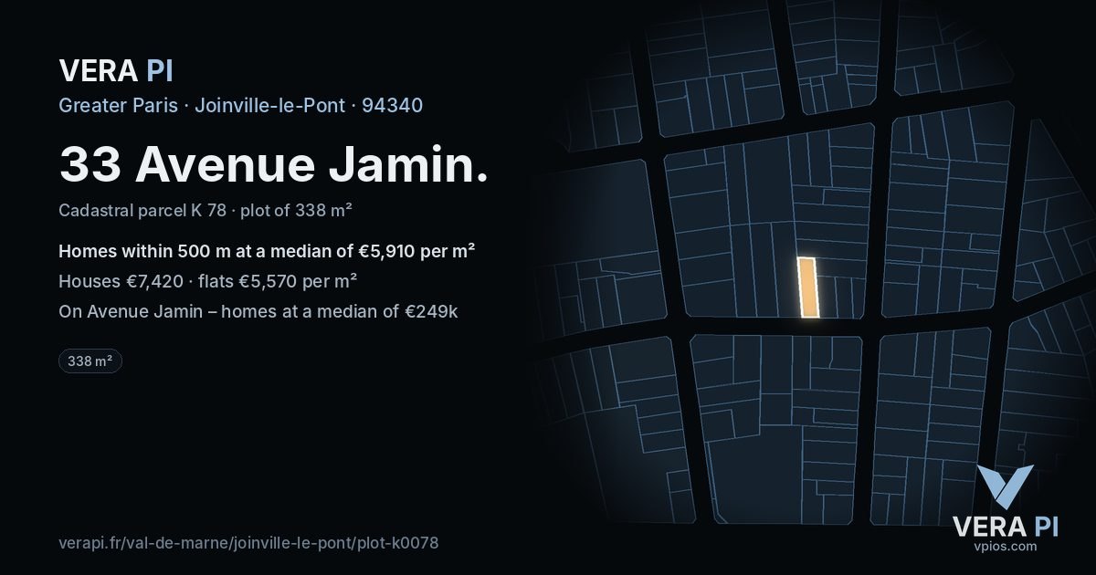 33 Avenue Jamin, Joinville-le-Pont at night – the plot lit, the parcels around coloured by the prices near them