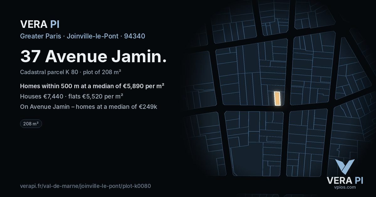 37 Avenue Jamin, Joinville-le-Pont at night – the plot lit, the parcels around coloured by the prices near them