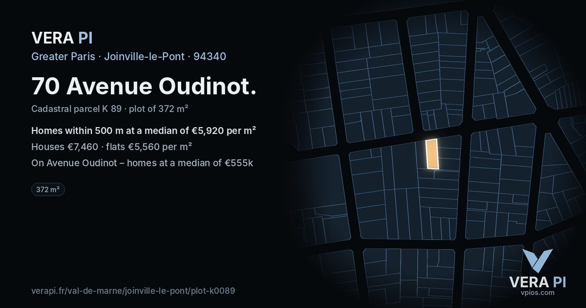 70 Avenue Oudinot, Joinville-le-Pont at night – the plot lit, the parcels around coloured by the prices near them