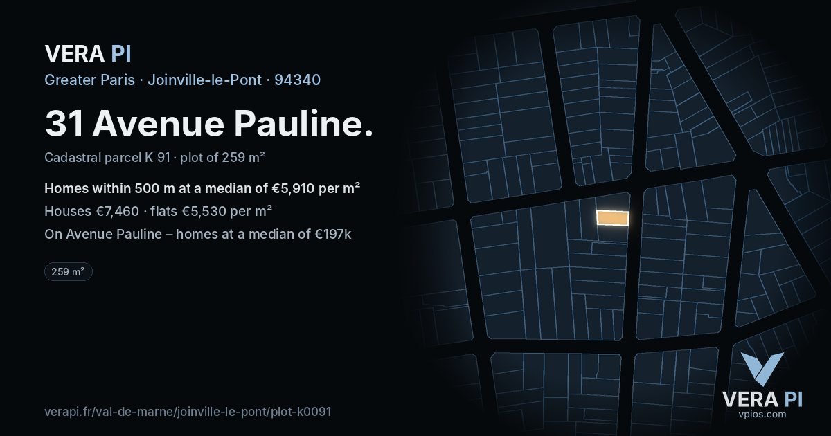 31 Avenue Pauline, Joinville-le-Pont at night – the plot lit, the parcels around coloured by the prices near them