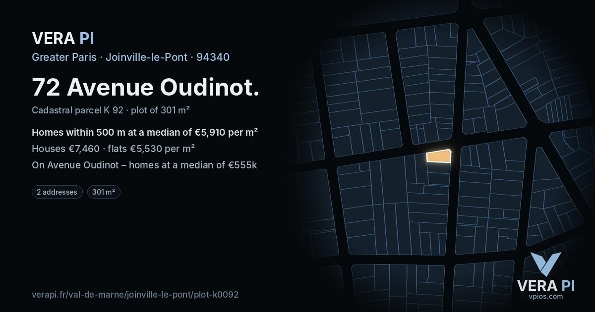 72 Avenue Oudinot, Joinville-le-Pont at night – the plot lit, the parcels around coloured by the prices near them
