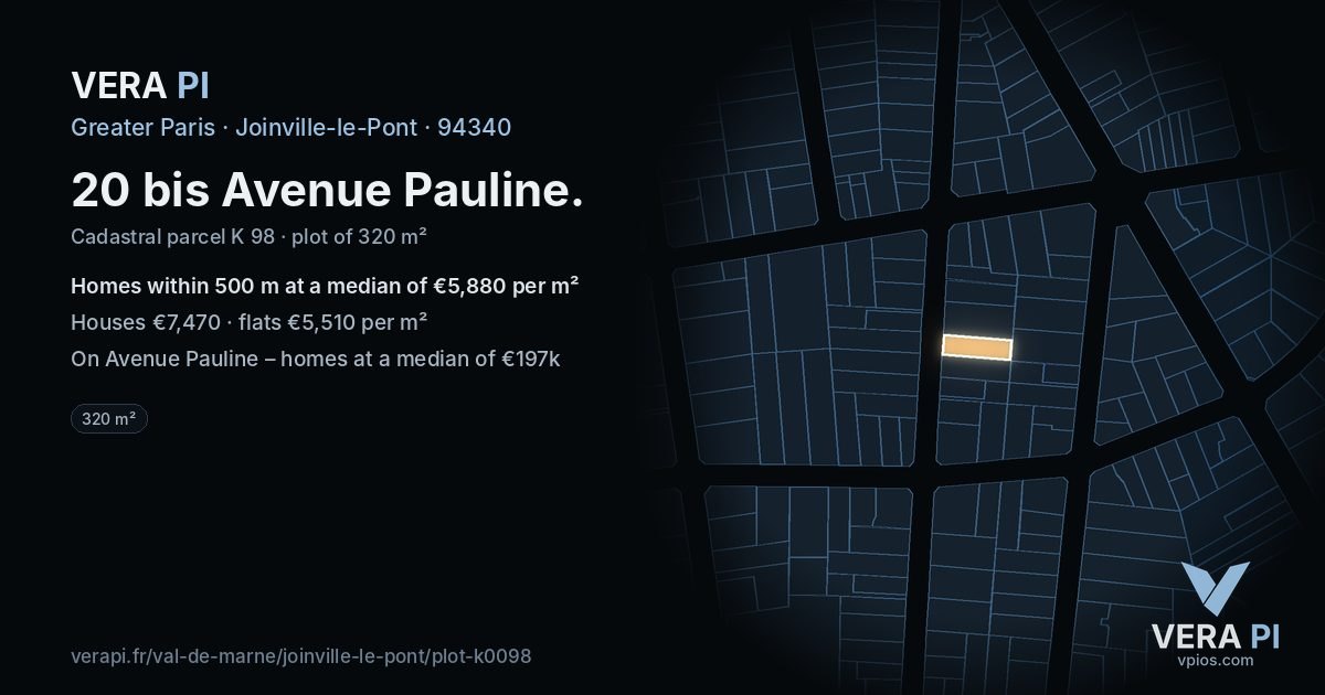20 bis Avenue Pauline, Joinville-le-Pont at night – the plot lit, the parcels around coloured by the prices near them