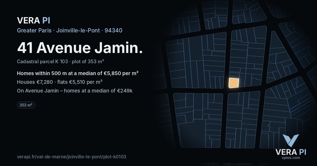 41 Avenue Jamin, Joinville-le-Pont at night – the plot lit, the parcels around coloured by the prices near them