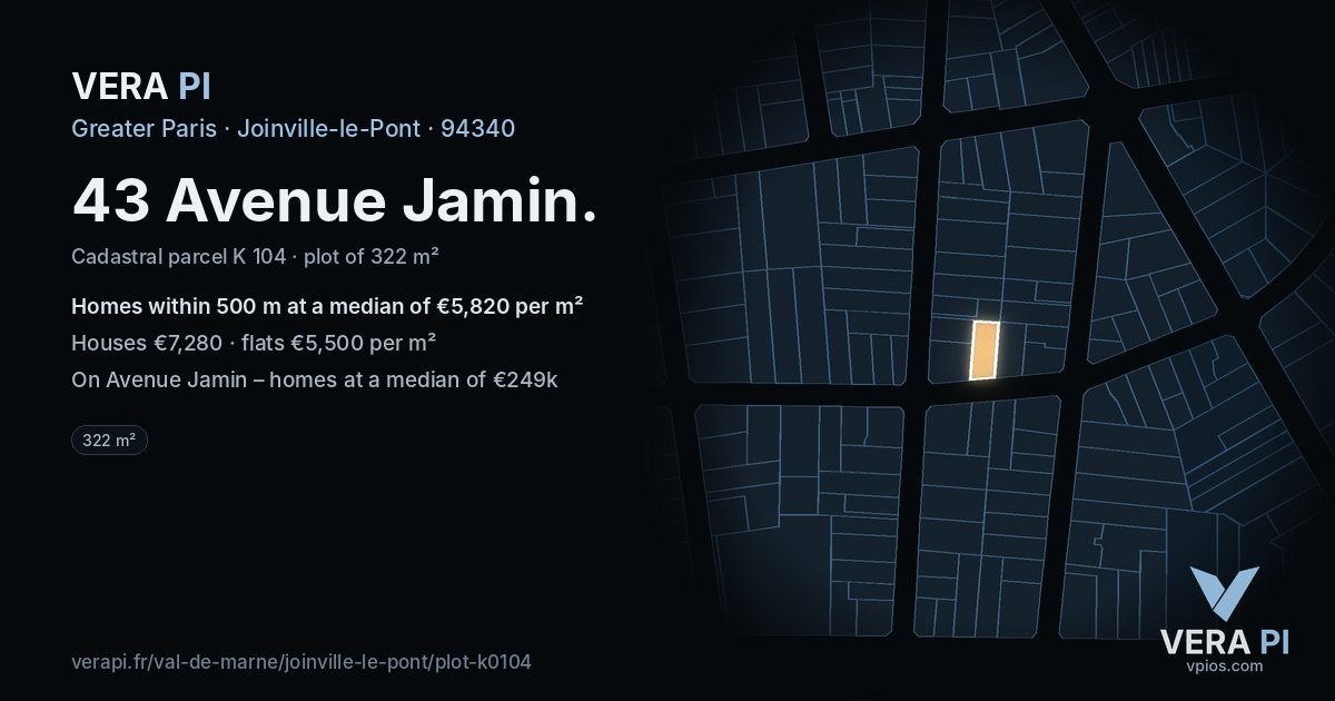 43 Avenue Jamin, Joinville-le-Pont at night – the plot lit, the parcels around coloured by the prices near them