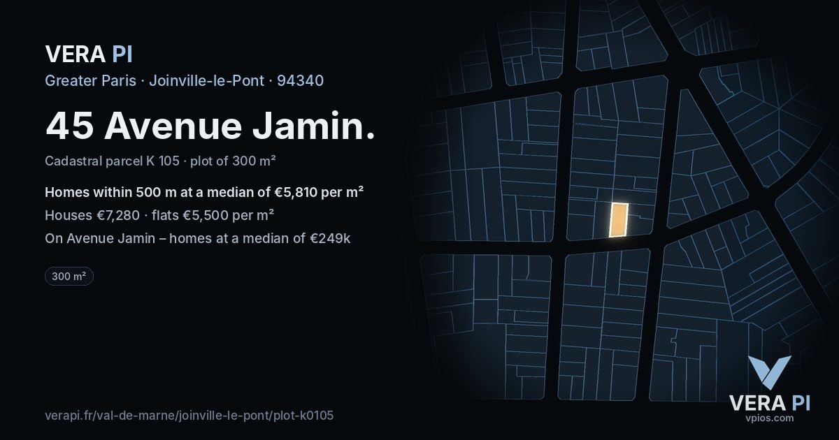 45 Avenue Jamin, Joinville-le-Pont at night – the plot lit, the parcels around coloured by the prices near them