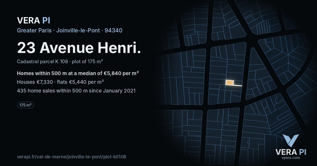 23 Avenue Henri, Joinville-le-Pont at night – the plot lit, the parcels around coloured by the prices near them
