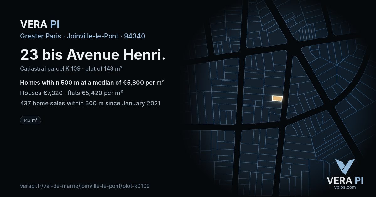 23 bis Avenue Henri, Joinville-le-Pont at night – the plot lit, the parcels around coloured by the prices near them