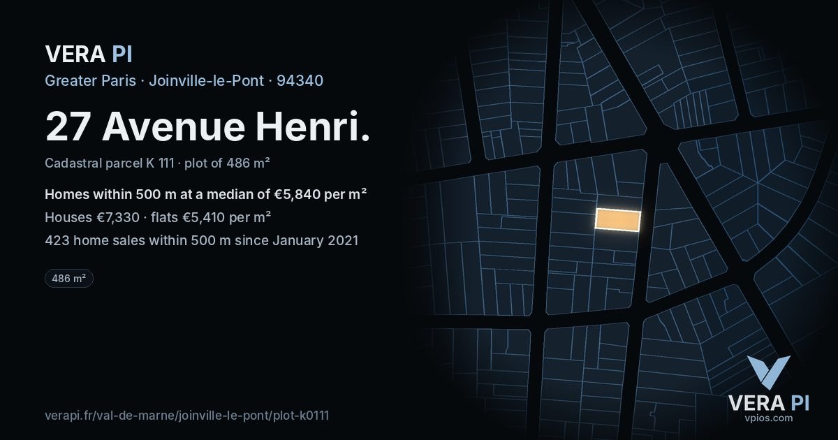 27 Avenue Henri, Joinville-le-Pont at night – the plot lit, the parcels around coloured by the prices near them