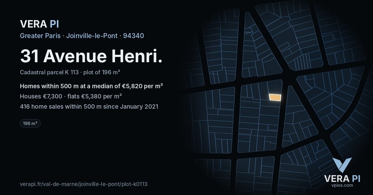 31 Avenue Henri, Joinville-le-Pont at night – the plot lit, the parcels around coloured by the prices near them