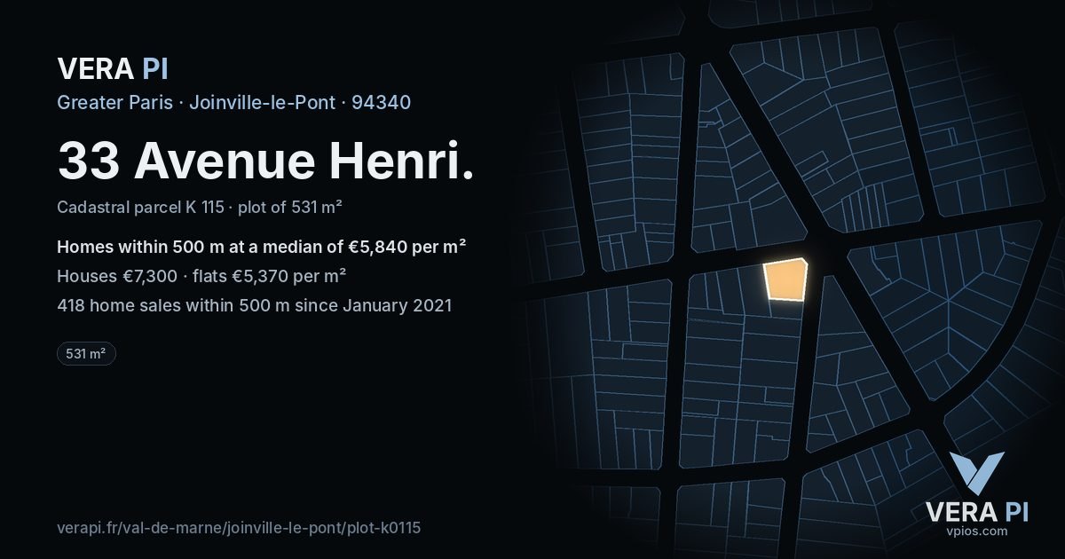 33 Avenue Henri, Joinville-le-Pont at night – the plot lit, the parcels around coloured by the prices near them