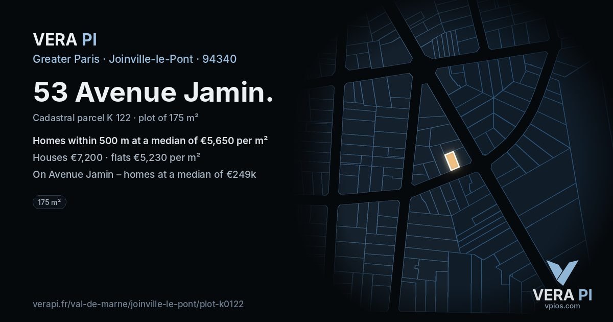 53 Avenue Jamin, Joinville-le-Pont at night – the plot lit, the parcels around coloured by the prices near them